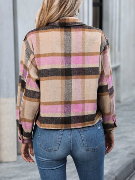 Wholesale plaid pocket drop shoulder jacket