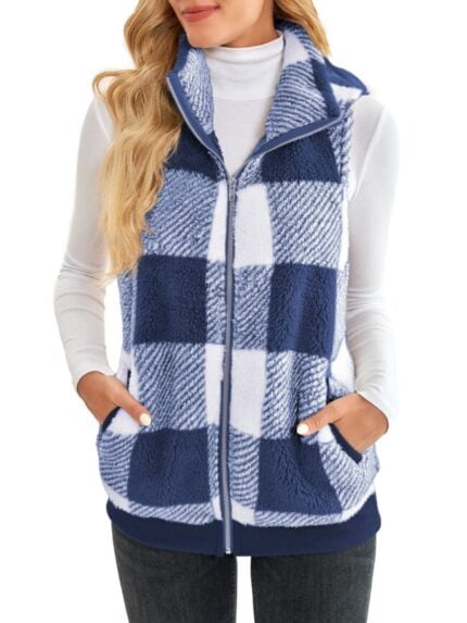 Wholesale plaid print zipper sleeveless fuzzy vest