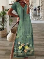 Wholesale printed v-neck slit hem maxi short sleeve dress