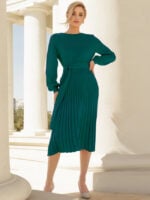 Wholesale round neck tie waist pleated sweater dress