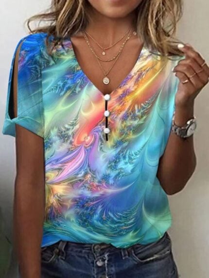 Wholesale tie dye button front v neck T-shirt