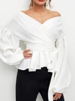 Wholesale tie waist Off-shoulder balloon sleeve shirt