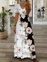 Wholesale v-neck flower print lace sleeve panel maxi dress