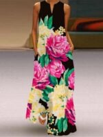 Wholesale v-neck vintage flower print maxi tank dress