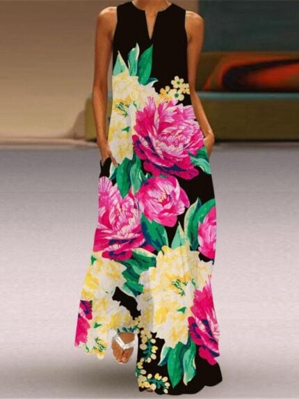 Wholesale v-neck vintage flower print maxi tank dress