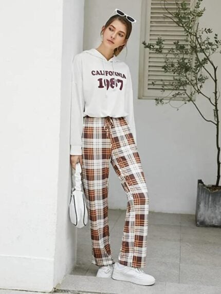 Wholesale Pocket plaid printed drawstring pajama pants