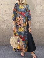 Wholesale Retro dress cotton and linen floral 3/4 sleeve splicing dress