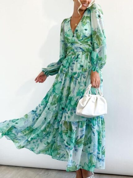 Wholesale bohemia flower print v-neck ruffle cuff dress