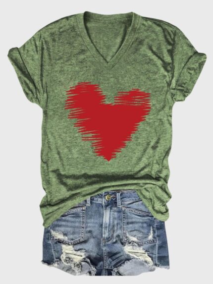 Wholesale heart Print v-neck Short Sleeve T-shirt