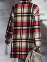 Wholesale plaid print double pockets lapel long coat