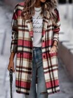 Wholesale plaid print double pockets lapel long coat