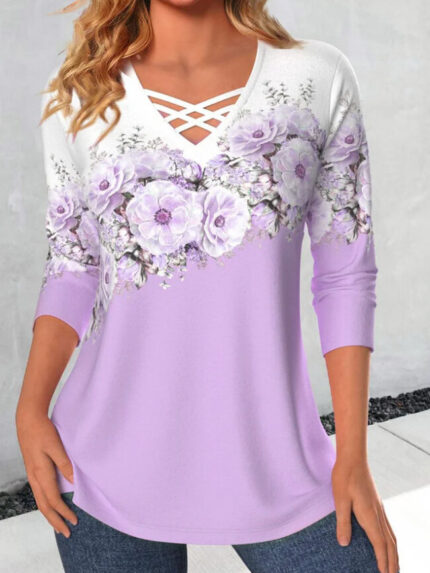 Wholesale Cross V-neck floral print long-sleeved T-shirt