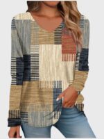 Wholesale Geometric print curved hem v-neck long-sleeved top