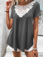 Wholesale Hollow lace splicing round neck short-sleeved top