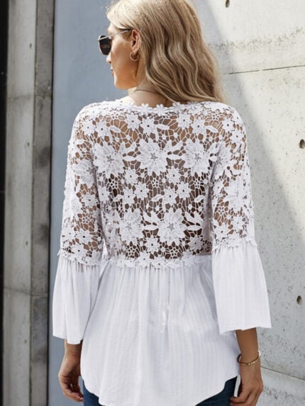 Wholesale Solid color deep V lace chiffon shirt