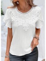 Wholesale Solid color lace round neck short-sleeved T-shirt top