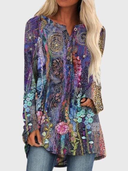 Wholesale button front flower print long sleeve top