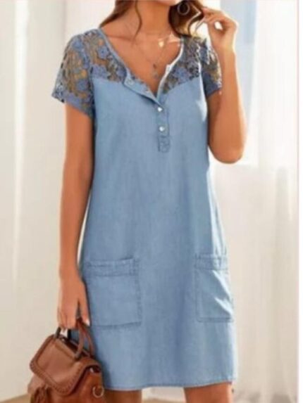 Wholesale double pocket lace and denim dress