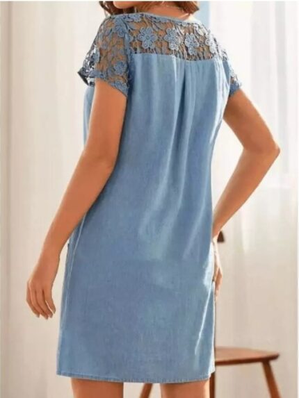 Wholesale double pocket lace and denim dress