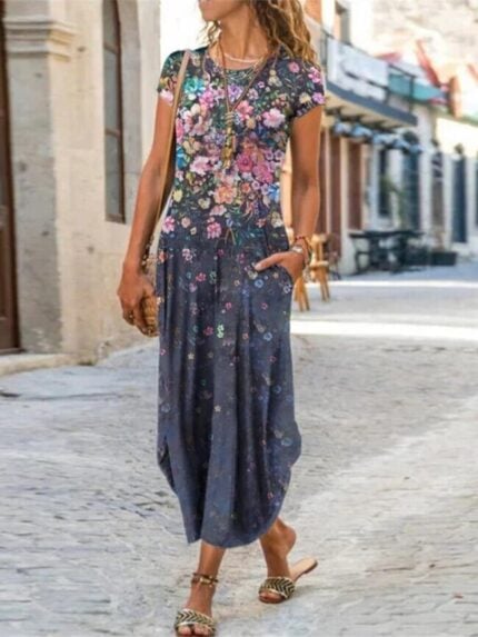 Wholesale flower print crew neck short sleeve dress