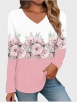 Wholesale flower print v-neck long sleeve T-shirt