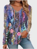 Wholesale flower print v-neck long-sleeved top