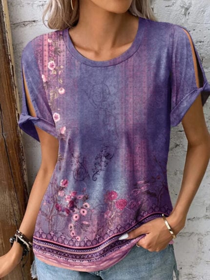 Wholesale nation print round neck short sleeve top