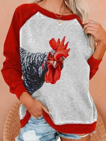 Wholesale rooster graphic print long sleeve top