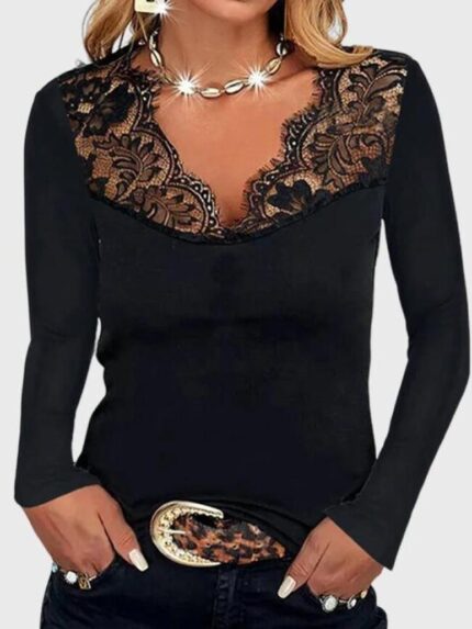 Wholesale solid color Lace splicing v-neck long-sleeved top