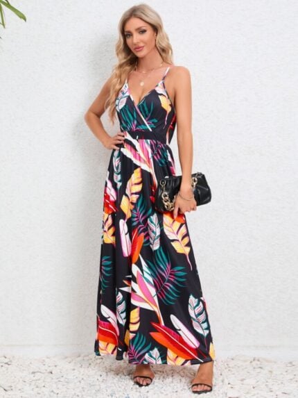 Wholesale leaf print v-neck maxi cami dress