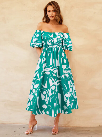 Wholesale one shoulder print A-shape midi dress