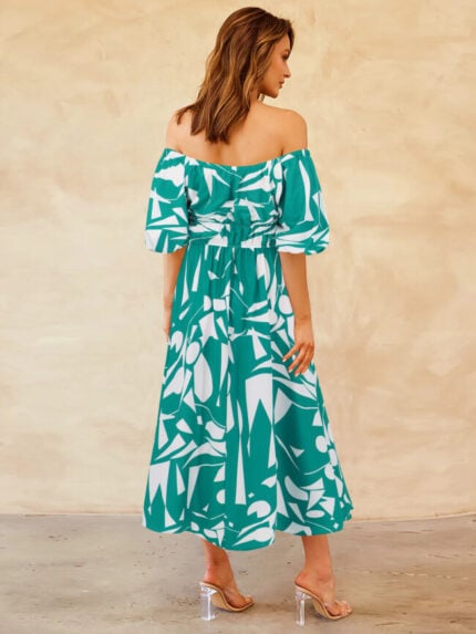 Wholesale one shoulder print A-shape midi dress