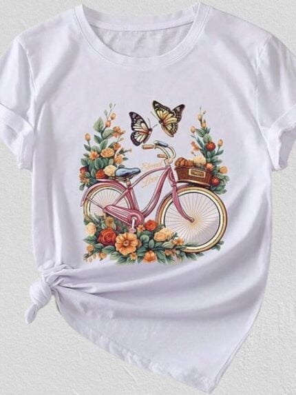 Wholesale retro bike butterfly flower print short sleeve top