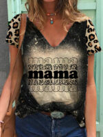 Wholesale MAMA and Leopard Print Short Sleeve v-neck T-shirt