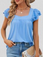 Wholesale Solid color square neck ruffle sleeve top