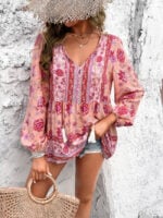 Wholesale boho printed v-neck long sleeve blouse