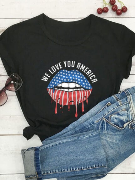 Wholesale flag and lip print short sleeve top