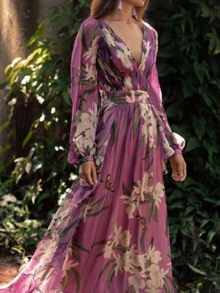 Wholesale flower print lantern sleeve v-neck chiffon maxi dress