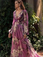 Wholesale flower print lantern sleeve v-neck chiffon maxi dress