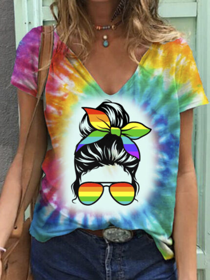 Wholesale glasses Print Short Sleeve v-neck T-shirt