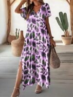 Wholesale leopard print split hem v-neck dress