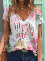 Wholesale mom and flower Print Short Sleeve v-neck T-shirt