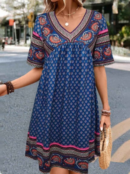 Wholesale nation print v-neck short sleeve dress