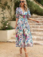 Wholesale printed puff sleeve v-neck waist dress