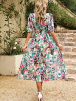 Wholesale printed puff sleeve v-neck waist dress