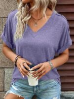 Wholesale solid button sleeve v-neck top