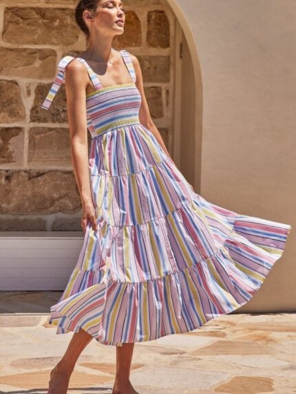 Wholesale stripe print tie shoulder dress