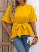 Wholesale tie waist irregular hem short sleeve top