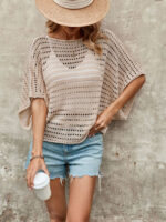 wholesale Striped hollow Dolman sleeve short-sleeved knit top