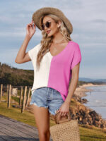 wholesale V-neck color block knitted short-sleeved top